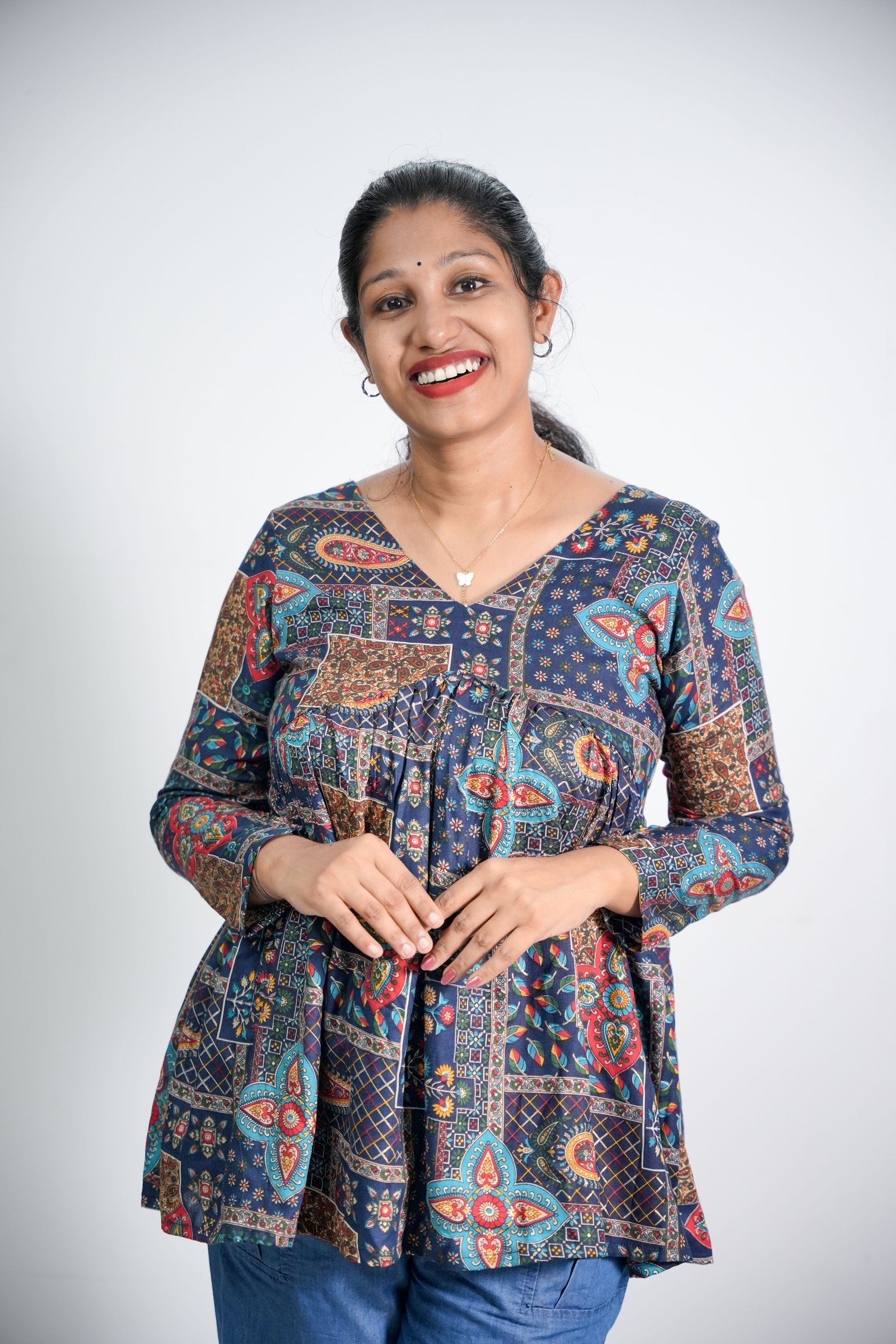 Womens Navy Blue Paisley Print Rayon Peplum Top